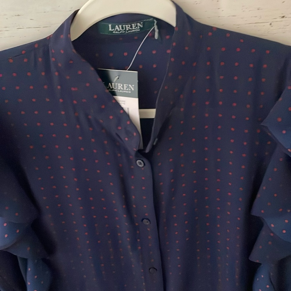 Lauren Ralph Lauren Navy Blue Ruffle Sleeved Polka Dot Blouse, size XL, NWT - Picture 5 of 12